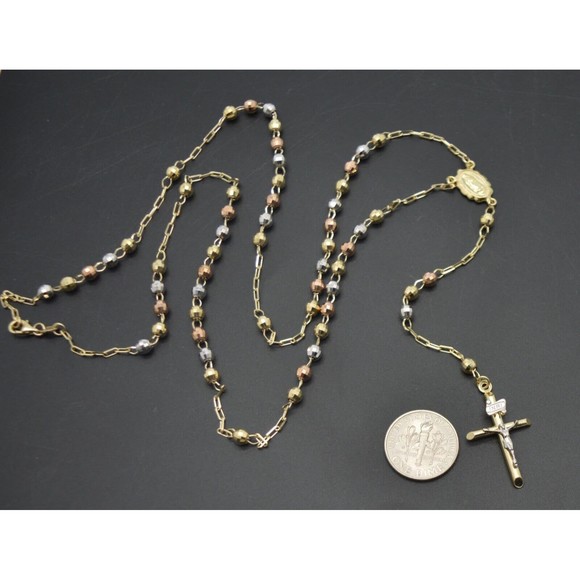 10k Solid Yellow Gold Colored Beads Rosary Virgin Mary Jesus Cross Necklace 24" - Picture 4 of 6